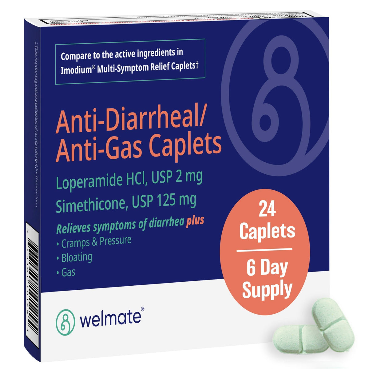 WELMATE - Anti-Diarrheal/Anti-Gas Caplets (24 Count) - Diarrhea, Gas, Bloating, Cramps - Loperamide HCl 2mg & Simethicone 125mg - OTC Medication - FENGGESTORE20