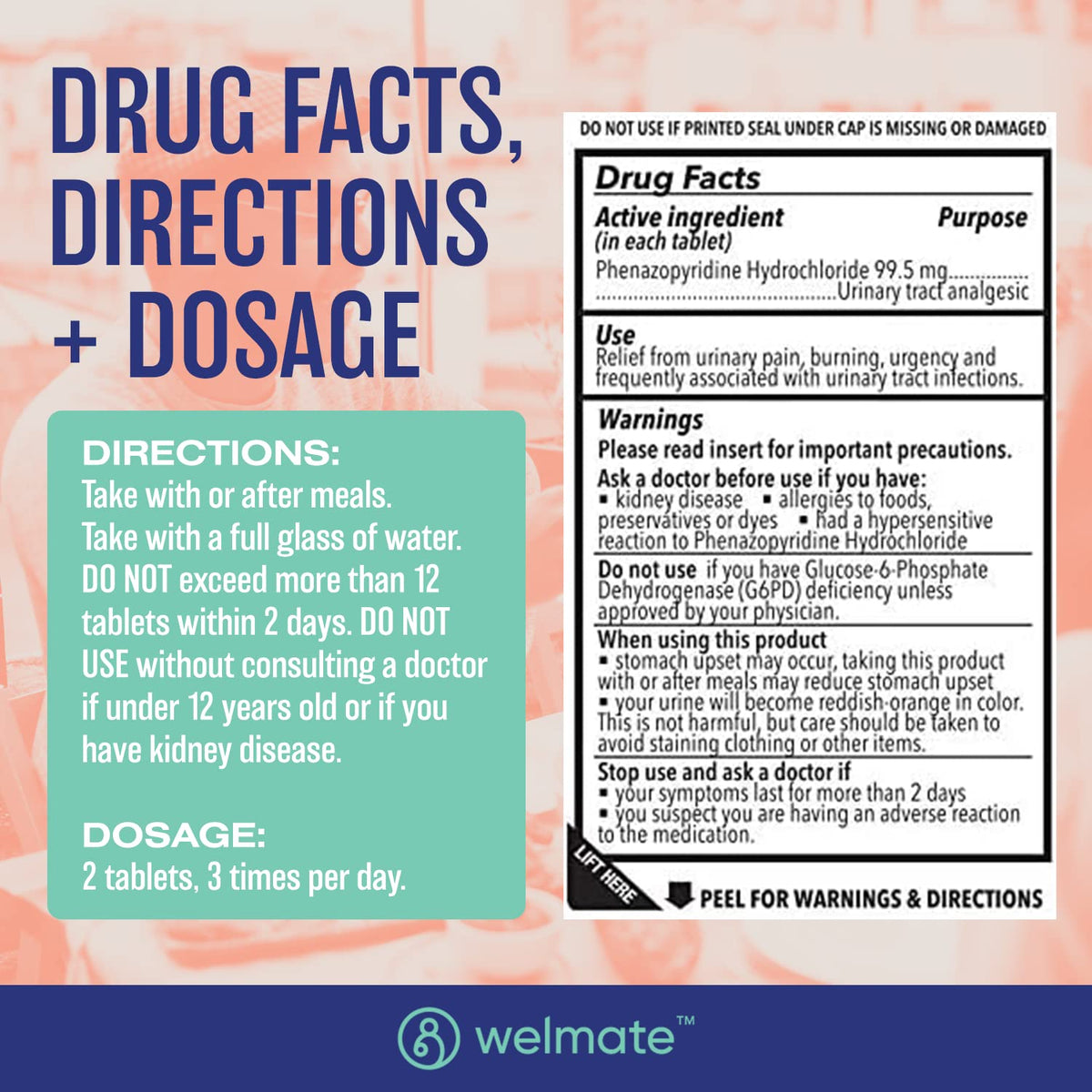WELMATE Urinary Pain UTI Relief Maximum Strength (Phenazopyridine HCL) - Improve Urinary Tract Health & Bladder Control, Urgency, & Discomfort | Over-The-Counter Medication for Men & Women (72 Pills) - FENGGESTORE20