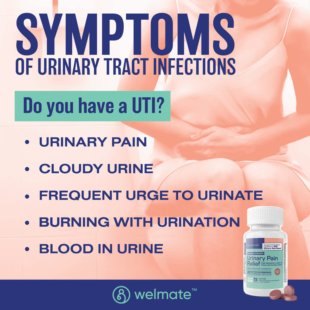 WELMATE Urinary Pain UTI Relief Maximum Strength (Phenazopyridine HCL) - Improve Urinary Tract Health & Bladder Control, Urgency, & Discomfort | Over-The-Counter Medication for Men & Women (72 Pills) - FENGGESTORE20