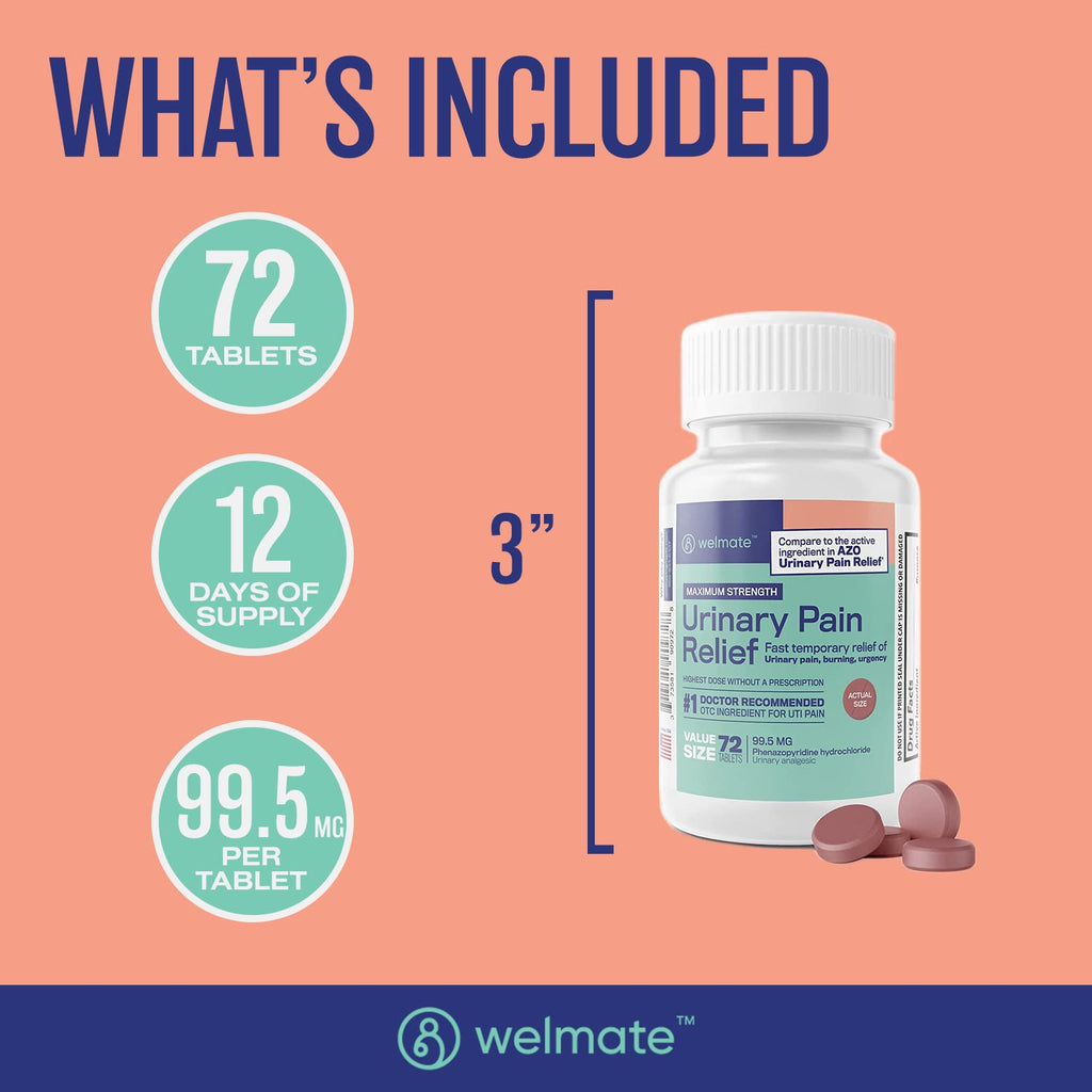WELMATE Urinary Pain UTI Relief Maximum Strength (Phenazopyridine HCL) - Improve Urinary Tract Health & Bladder Control, Urgency, & Discomfort | Over-The-Counter Medication for Men & Women (72 Pills) - FENGGESTORE20