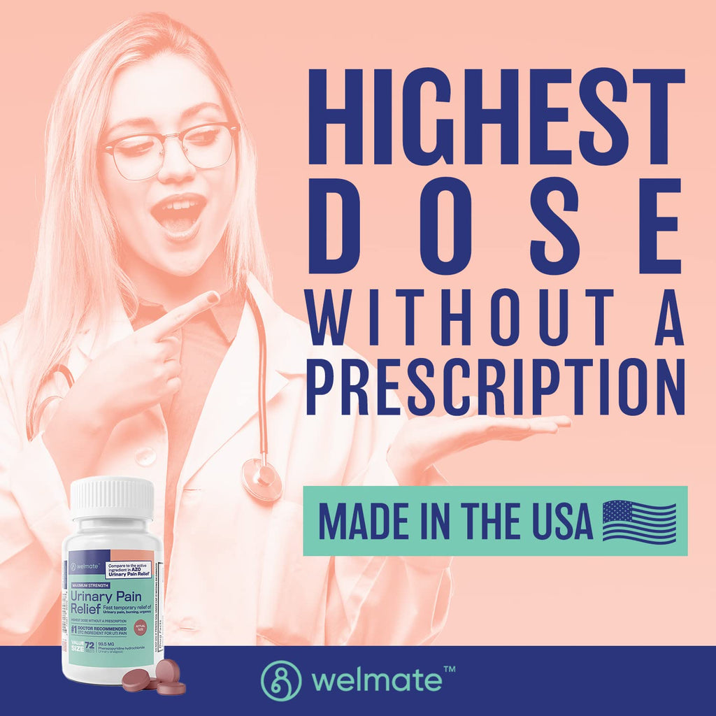 WELMATE Urinary Pain UTI Relief Maximum Strength (Phenazopyridine HCL) - Improve Urinary Tract Health & Bladder Control, Urgency, & Discomfort | Over-The-Counter Medication for Men & Women (72 Pills) - FENGGESTORE20