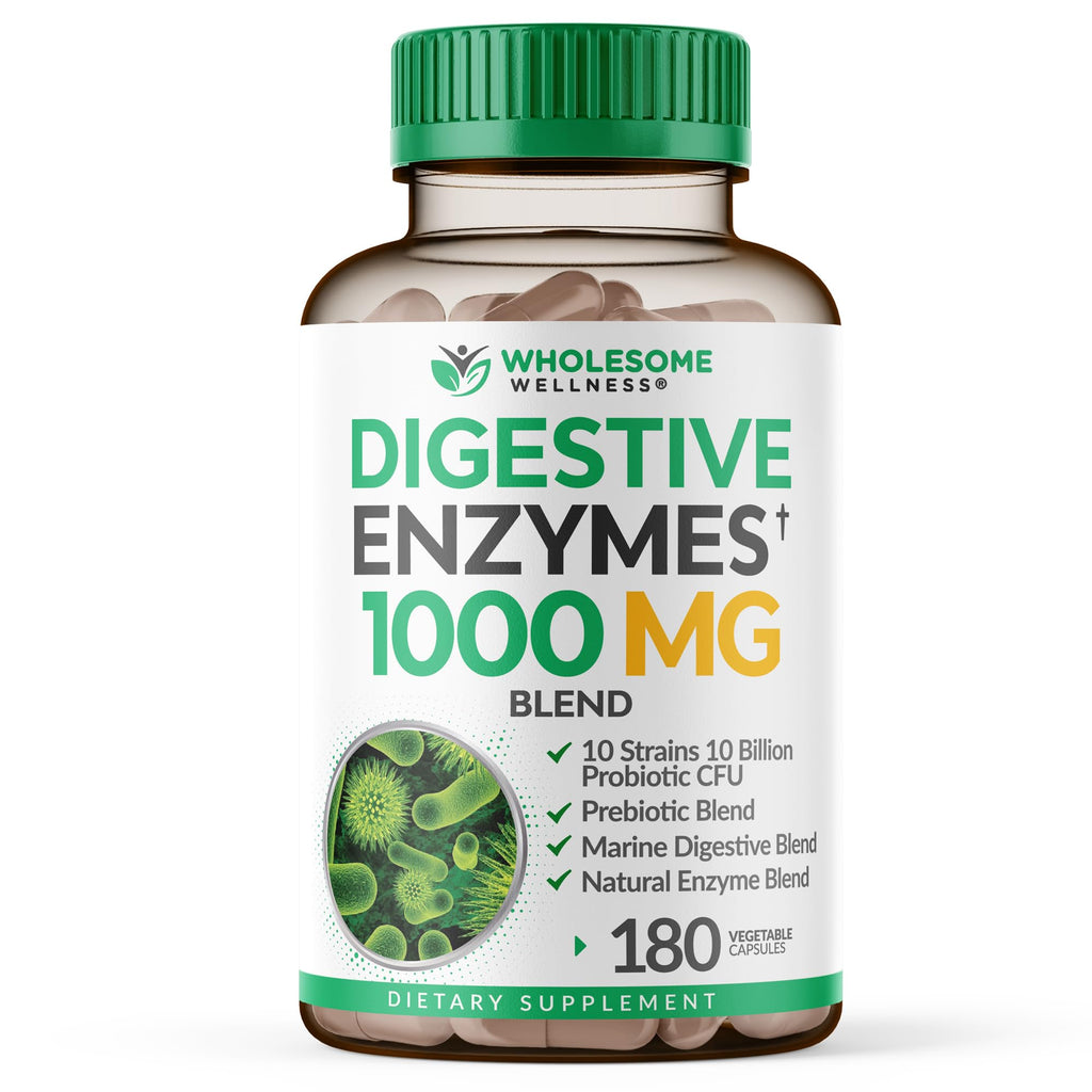 Wholesome Wellness Digestive Enzymes 1000MG Plus Prebiotics & Probiotics Supplement, 180 Capsules, Organic Plant-Based Vegan Formula for Digestion - FENGGESTORE20