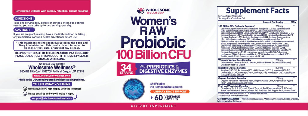 Wholesome Wellness Dr. Formulated Raw Probiotics for Women 100 Billion CFUs Capsules with Prebiotics, Digestive Enzymes - FENGGESTORE20