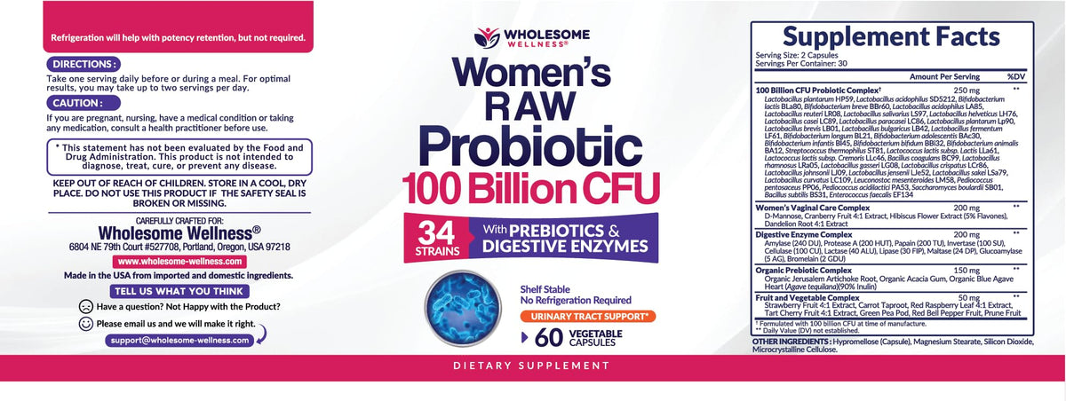 Wholesome Wellness Dr. Formulated Raw Probiotics for Women 100 Billion CFUs Capsules with Prebiotics, Digestive Enzymes, Approved for Adults, Shelf Stable Supplement - FENGGESTORE20