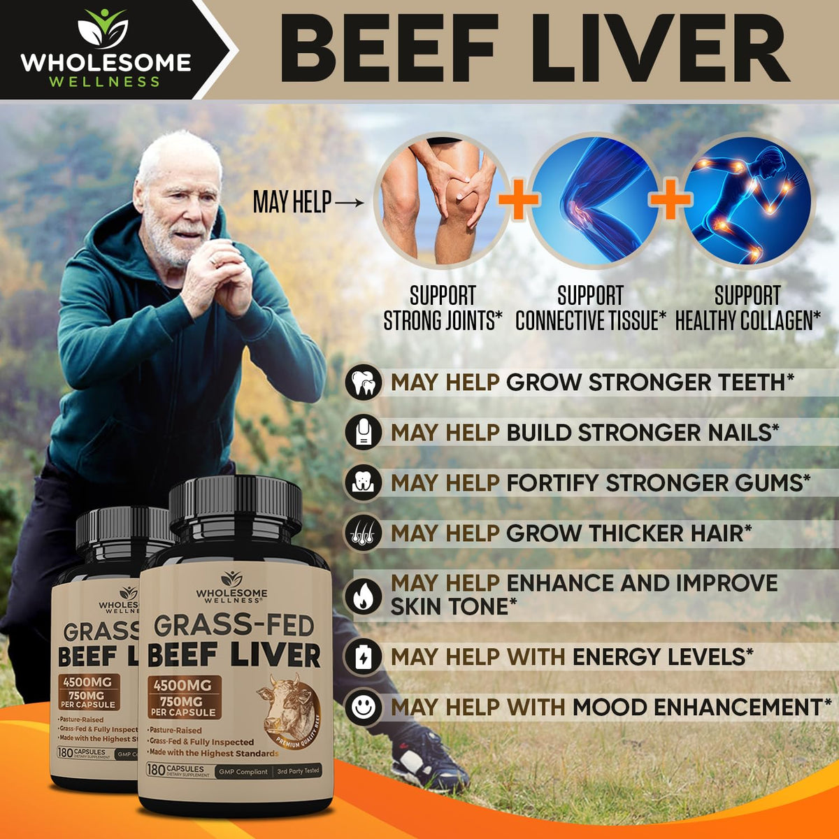Wholesome Wellness Grass Fed Desiccated Beef Liver Capsules (180 Pills, 750mg Each) - Natural Iron, Vitamin A, B12 for Energy - Raised Undefatted in New Zealand - FENGGESTORE20