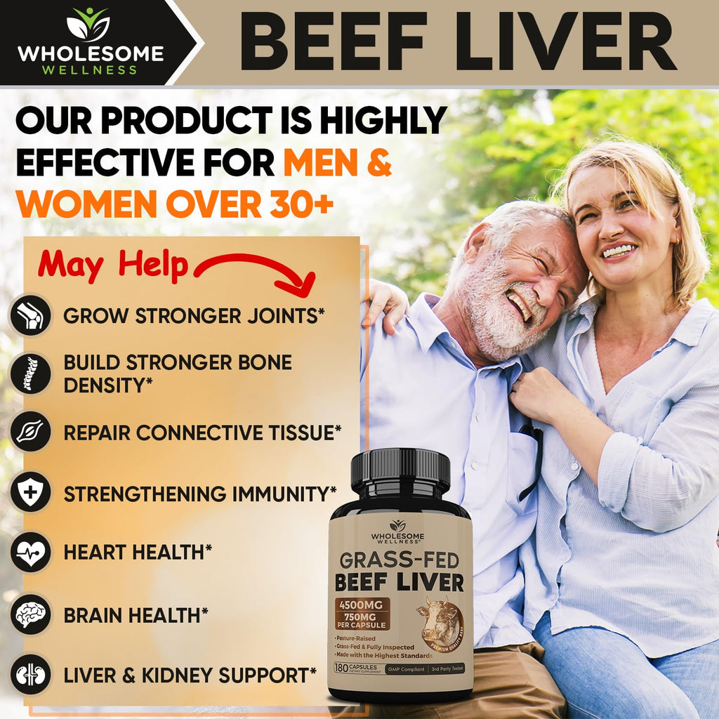 Wholesome Wellness Grass Fed Desiccated Beef Liver Capsules (180 Pills, 750mg Each) - Natural Iron, Vitamin A, B12 for Energy - Raised Undefatted in New Zealand - FENGGESTORE20