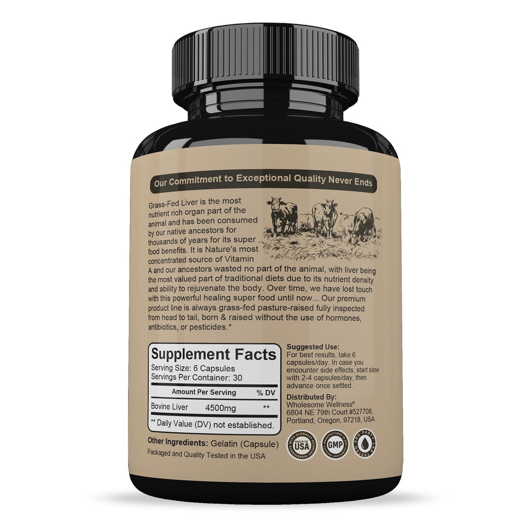 Wholesome Wellness Grass Fed Desiccated Beef Liver Capsules (180 Pills, 750mg Each) - Natural Iron, Vitamin A, B12 for Energy - Raised Undefatted in New Zealand - FENGGESTORE20
