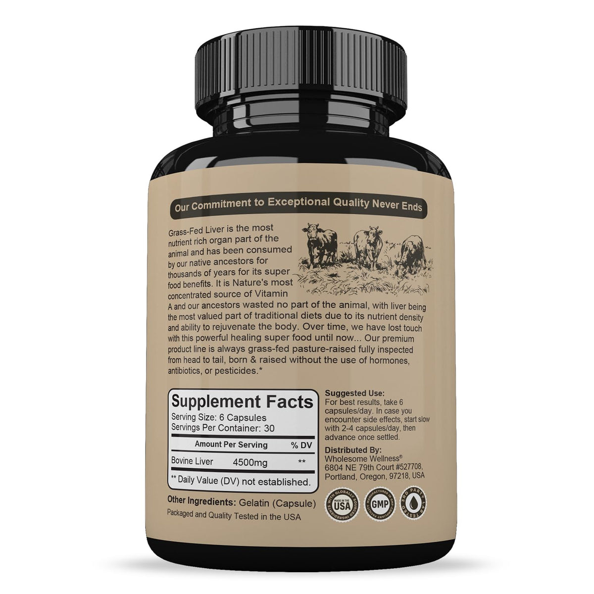 Wholesome Wellness Grass Fed Desiccated Beef Liver Capsules (180 Pills, 750mg Each) - Natural Iron, Vitamin A, B12 for Energy - Raised Undefatted in New Zealand - FENGGESTORE20