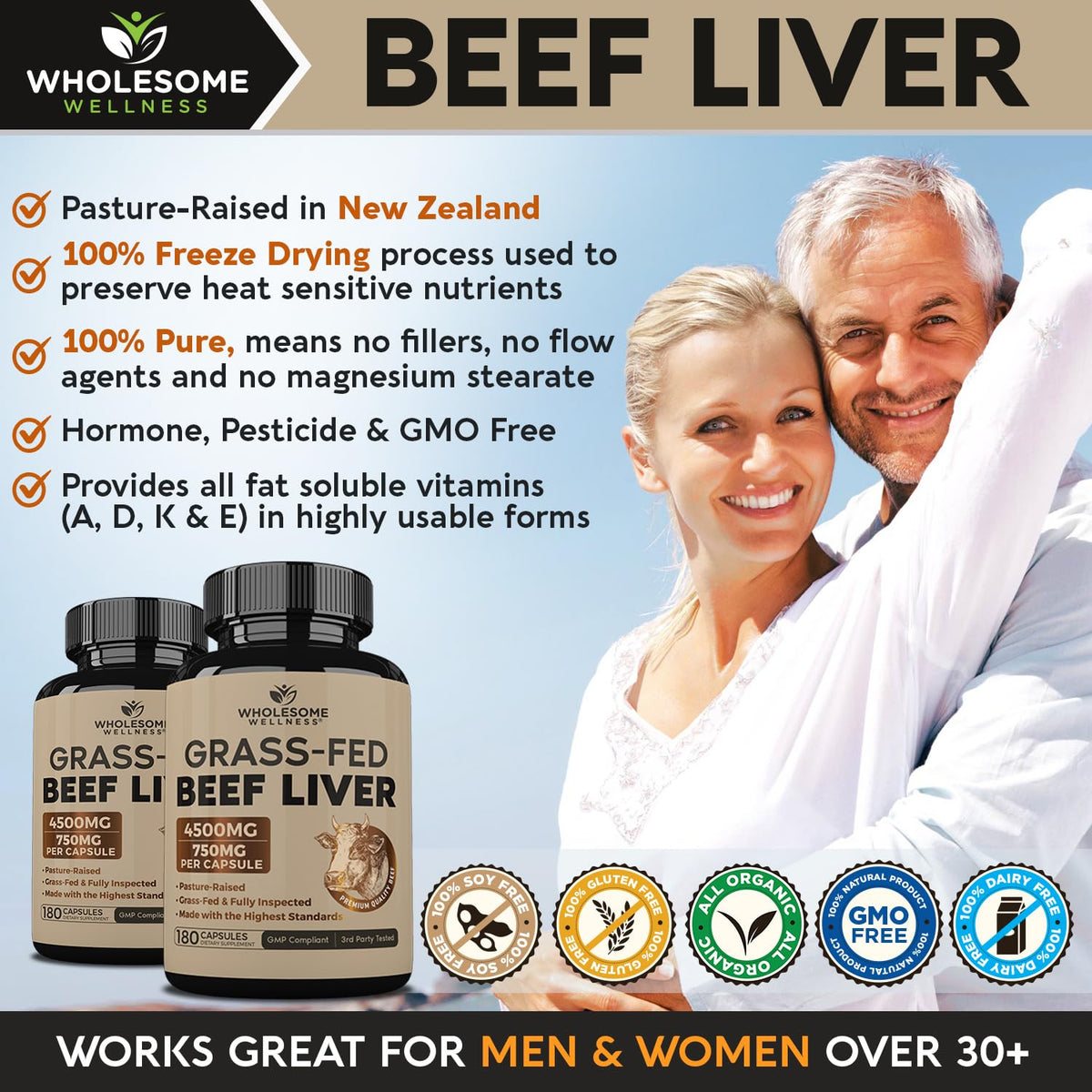 Wholesome Wellness Grass Fed Desiccated Beef Liver Capsules (180 Pills, 750mg Each) - Natural Iron, Vitamin A, B12 for Energy - Raised Undefatted in New Zealand - FENGGESTORE20