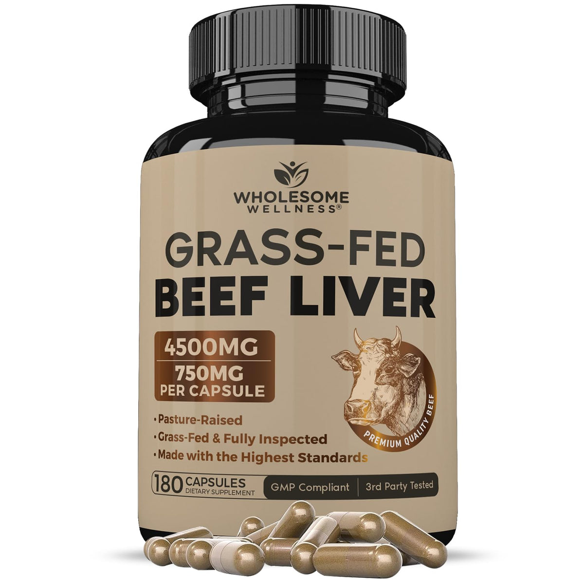 Wholesome Wellness Grass Fed Desiccated Beef Liver Capsules (180 Pills, 750mg Each) - Natural Iron, Vitamin A, B12 for Energy - Raised Undefatted in New Zealand - FENGGESTORE20