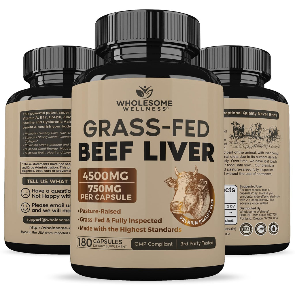 Wholesome Wellness Grass Fed Desiccated Beef Liver Capsules (180 Pills, 750mg Each) - Natural Iron, Vitamin A, B12 for Energy - Raised Undefatted in New Zealand - FENGGESTORE20