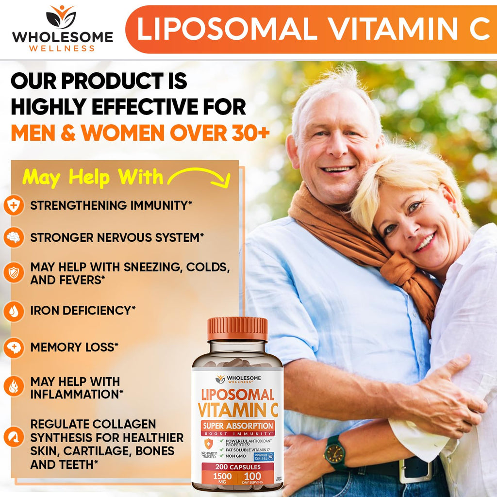 Wholesome Wellness Liposomal Vitamin C Capsules (200 Pills 1500mg Buffered) High Absorption, Immune System & Collagen Booster, High Dose Fat Soluble Immunity - FENGGESTORE20