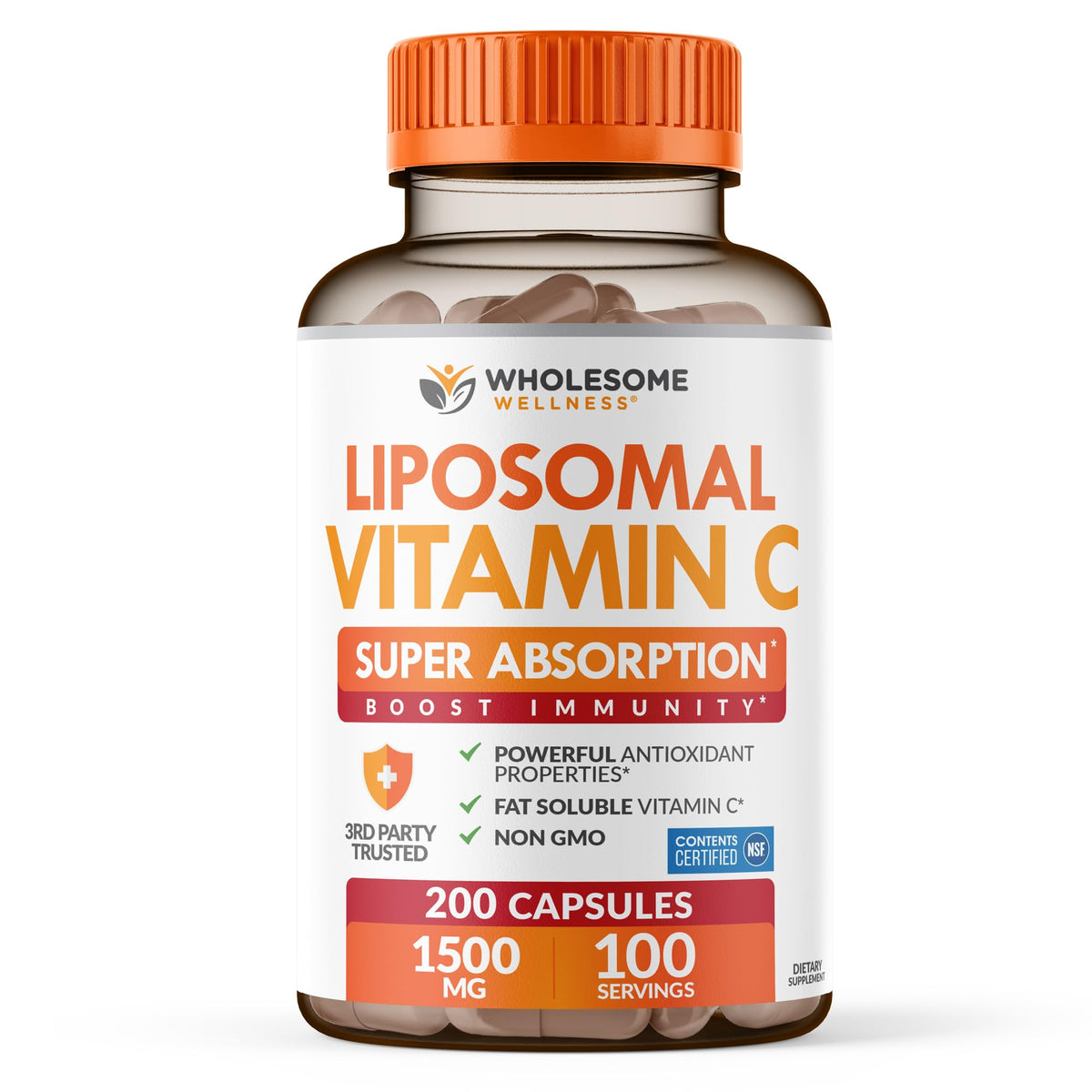 Wholesome Wellness Liposomal Vitamin C Capsules (200 Pills 1500mg Buffered) High Absorption, Immune System & Collagen Booster, High Dose Fat Soluble Immunity - FENGGESTORE20