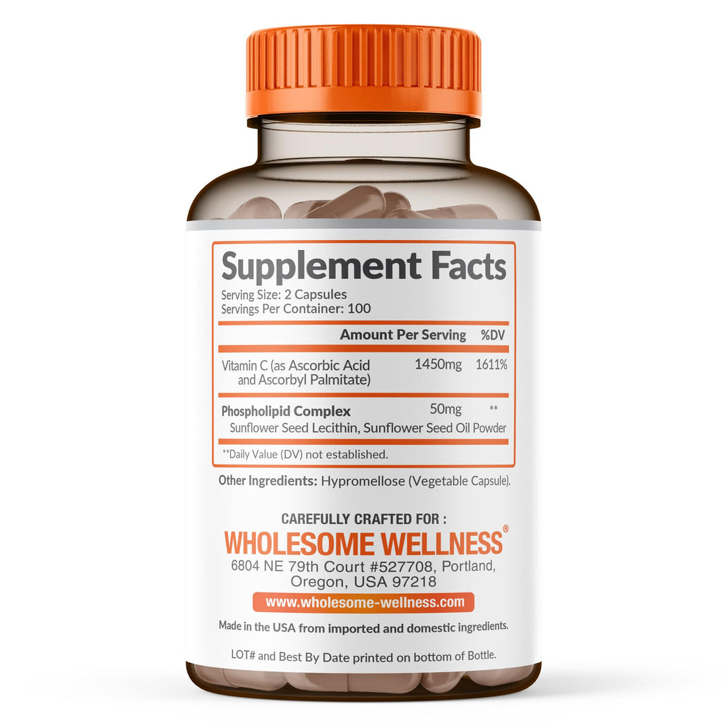Wholesome Wellness Liposomal Vitamin C Capsules (200 Pills 1500mg Buffered) High Absorption, Immune System & Collagen Booster, High Dose Fat Soluble Immunity - FENGGESTORE20