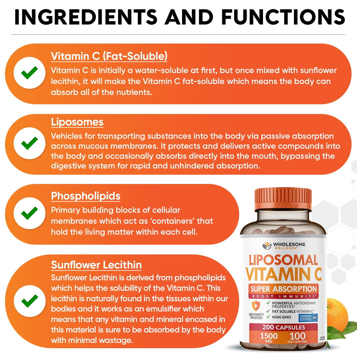 Wholesome Wellness Liposomal Vitamin C Capsules (200 Pills 1500mg Buffered) High Absorption, Immune System & Collagen Booster, High Dose Fat Soluble Immunity - FENGGESTORE20