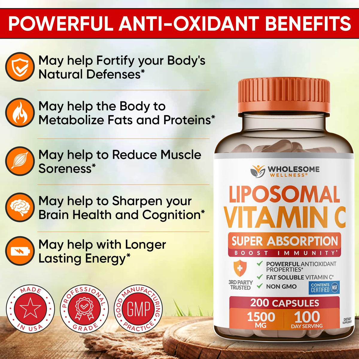 Wholesome Wellness Liposomal Vitamin C Capsules (200 Pills 1500mg Buffered) High Absorption, Immune System & Collagen Booster, High Dose Fat Soluble Immunity - FENGGESTORE20