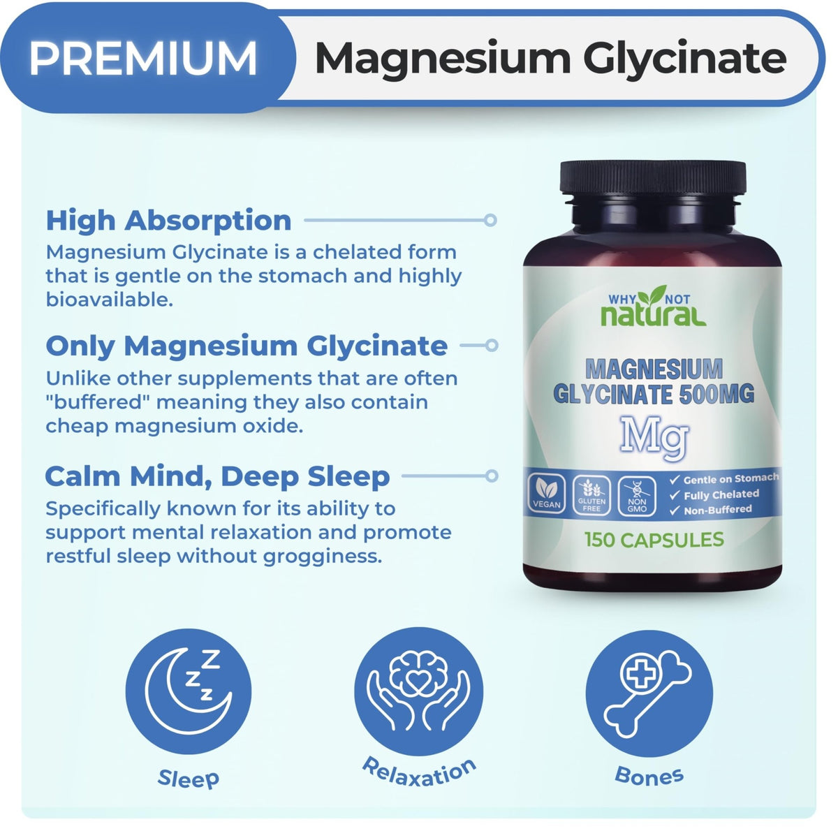 Why Not Natural Magnesium Glycinate 500 mg Capsules Supplement - Vegan, No Filler - Supports Sleep and Relaxation - FENGGESTORE20