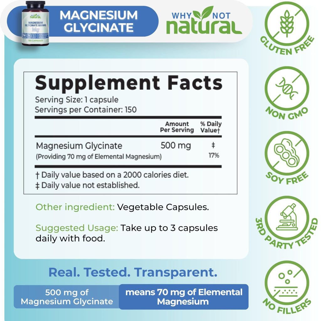 Why Not Natural Magnesium Glycinate 500 mg Capsules Supplement - Vegan, No Filler - Supports Sleep and Relaxation - FENGGESTORE20