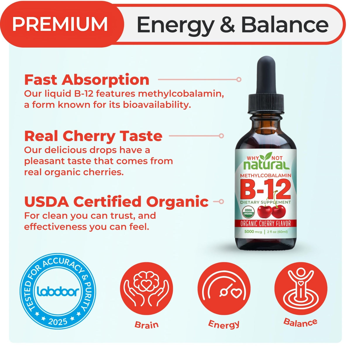 Why Not Natural Organic Vitamin B12 Liquid - Sublingual Extra Strength 60 x 5000 mcg Methylcobalamin Drops, Vegan, - FENGGESTORE20