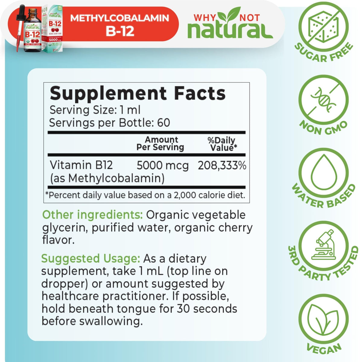 Why Not Natural Organic Vitamin B12 Liquid - Sublingual Extra Strength 60 x 5000 mcg Methylcobalamin Drops, Vegan, - FENGGESTORE20