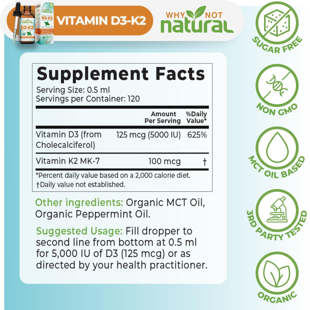 Why Not Natural Organic Vitamin D3 K2 (MK-7) Liquid Drops, 5000 IU of sublingual D3 with Coconut MCT Oil - FENGGESTORE20