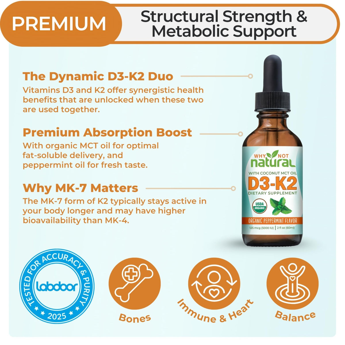 Why Not Natural Organic Vitamin D3 K2 (MK-7) Liquid Drops, 5000 IU of sublingual D3 with Coconut MCT Oil - FENGGESTORE20