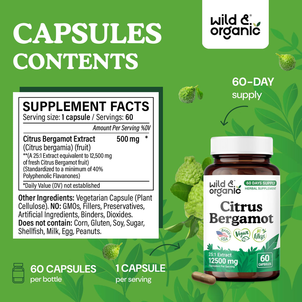 Wild & Organic Citrus Bergamot Capsules - Antioxidant & Overall Support - Citrus Bergamot Extract Capsules - Bergamia Fruit Powder Supplement - FENGGESTORE20