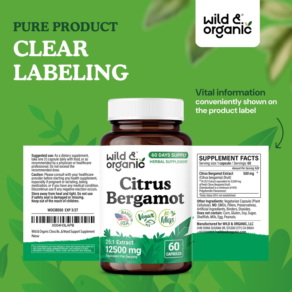 Wild & Organic Citrus Bergamot Capsules - Antioxidant & Overall Support - Citrus Bergamot Extract Capsules - Bergamia Fruit Powder Supplement - FENGGESTORE20