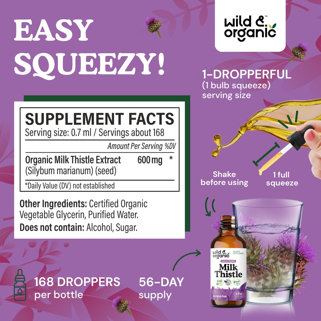 Wild & Organic Milk Thistle Liquid Drops - Liver Cleanse Detox - Silymarin Milk Thistle Supplement for Liver Support - Add to Tea - Silybum Marianum Seed Extract Tincture - FENGGESTORE20