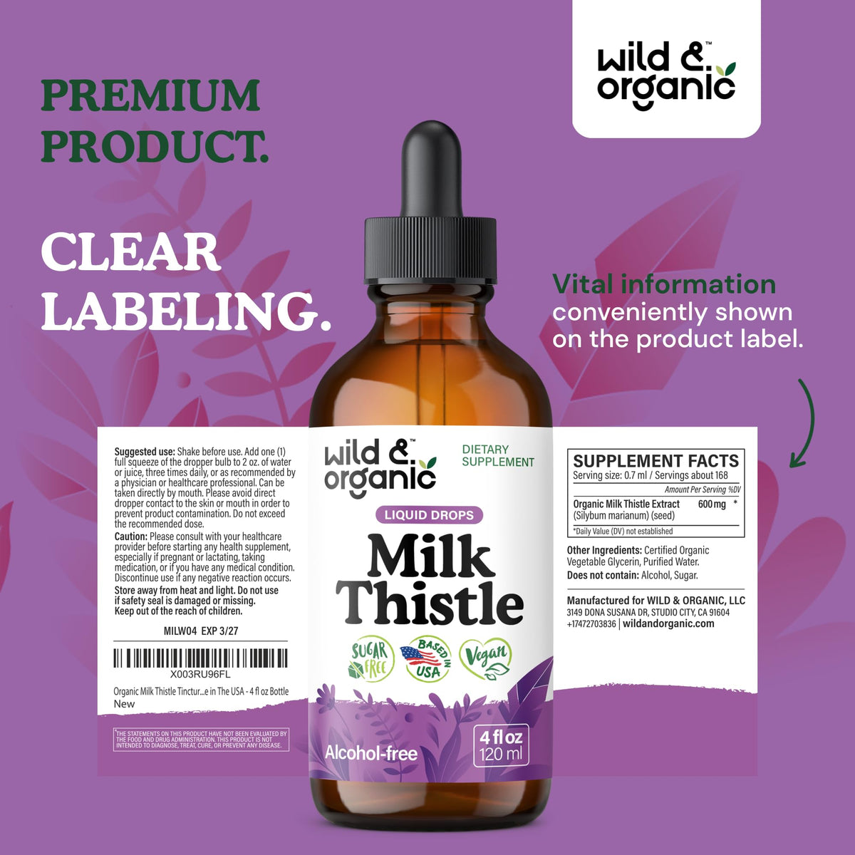 Wild & Organic Milk Thistle Liquid Drops - Liver Cleanse Detox - Silymarin Milk Thistle Supplement for Liver Support - Add to Tea - Silybum Marianum Seed Extract Tincture - FENGGESTORE20