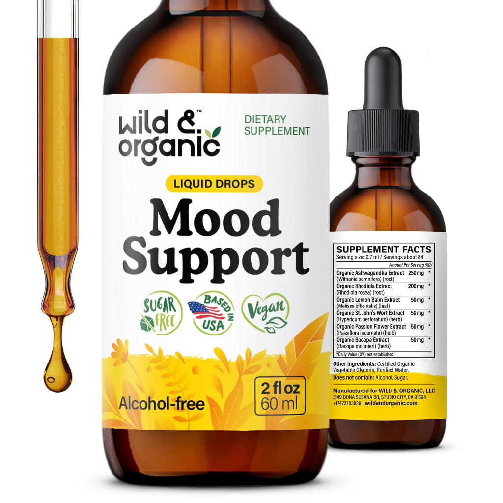 Wild & Organic Mood Support Drops - Good Mood Supplements w/Ashwagandha Root & Rhodiola Rosea - Natural Liquid Drops for Positive Energy - Calm and Relax Supplements for Women and Men - 2 oz - FENGGESTORE20