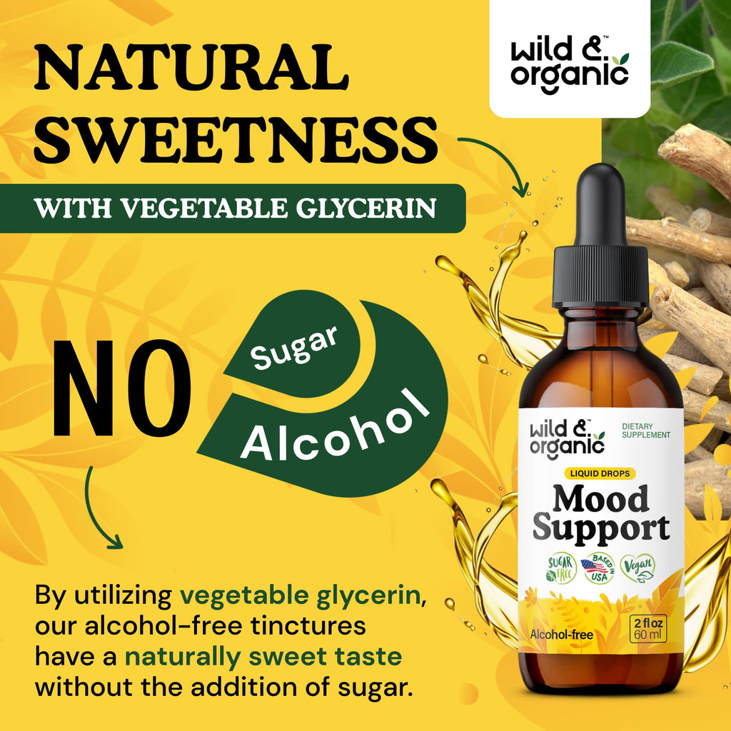 Wild & Organic Mood Support Drops - Good Mood Supplements w/Ashwagandha Root & Rhodiola Rosea - Natural Liquid Drops for Positive Energy - Calm and Relax Supplements for Women and Men - 2 oz - FENGGESTORE20