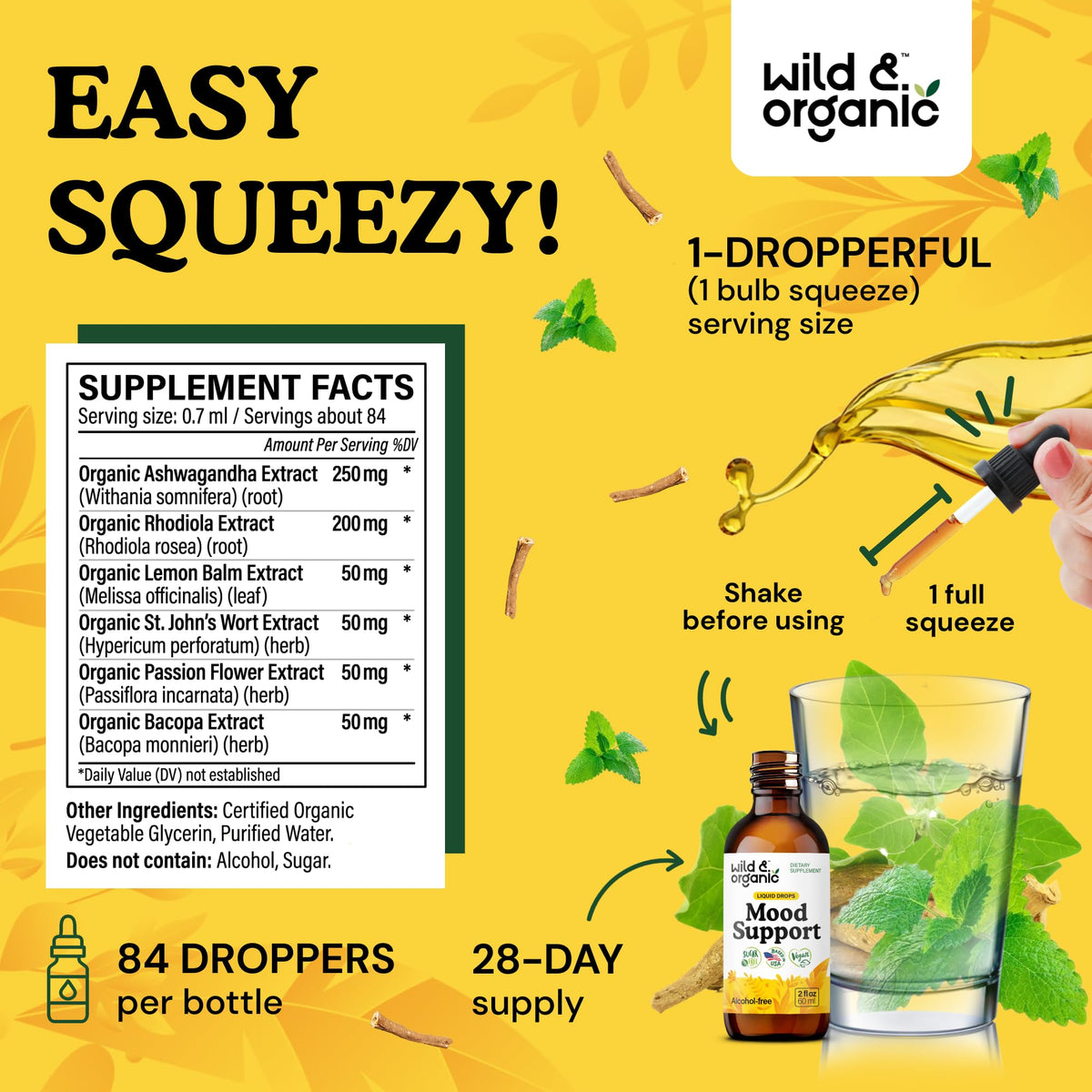Wild & Organic Mood Support Drops - Good Mood Supplements w/Ashwagandha Root & Rhodiola Rosea - Natural Liquid Drops for Positive Energy - Calm and Relax Supplements for Women and Men - 2 oz - FENGGESTORE20