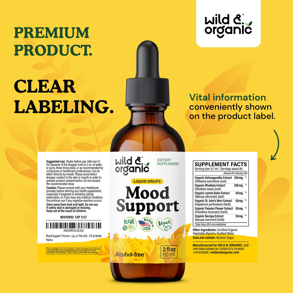 Wild & Organic Mood Support Drops - Good Mood Supplements w/Ashwagandha Root & Rhodiola Rosea - Natural Liquid Drops for Positive Energy - Calm and Relax Supplements for Women and Men - 2 oz - FENGGESTORE20