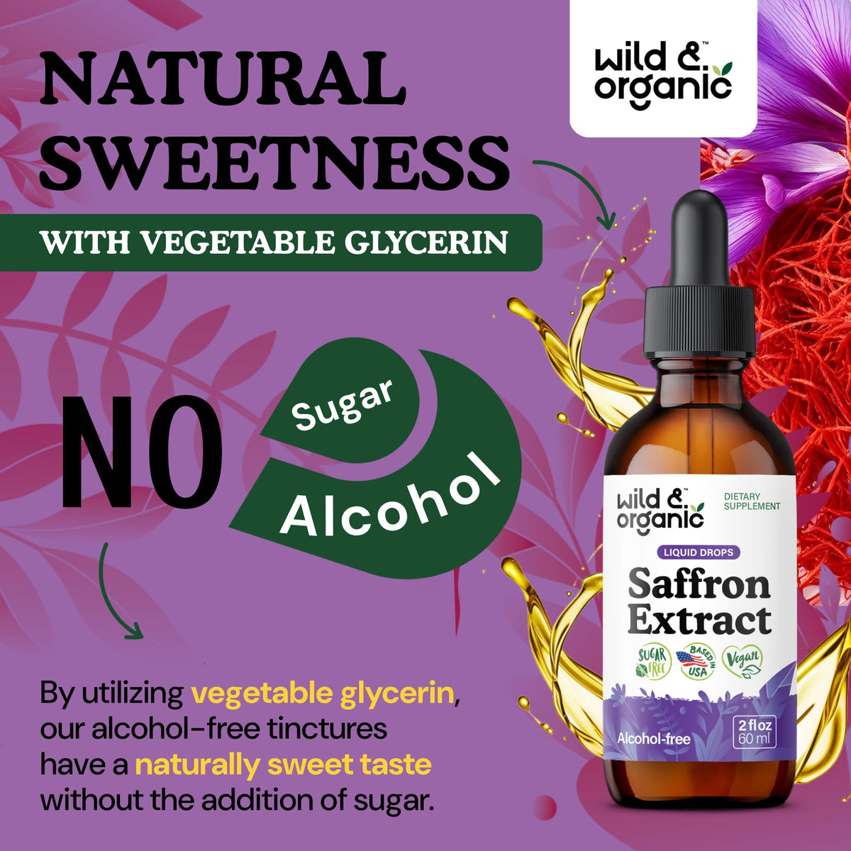 Wild & Organic Saffron Supplements 88.5 mg - Mood, Brain & Vision Support - Liquid Saffron Drops - Add to Tea - Crocus Sativus Herb Extract - Vegan, Sugar & Alcohol-Free Tincture - 2 fl oz - FENGGESTORE20