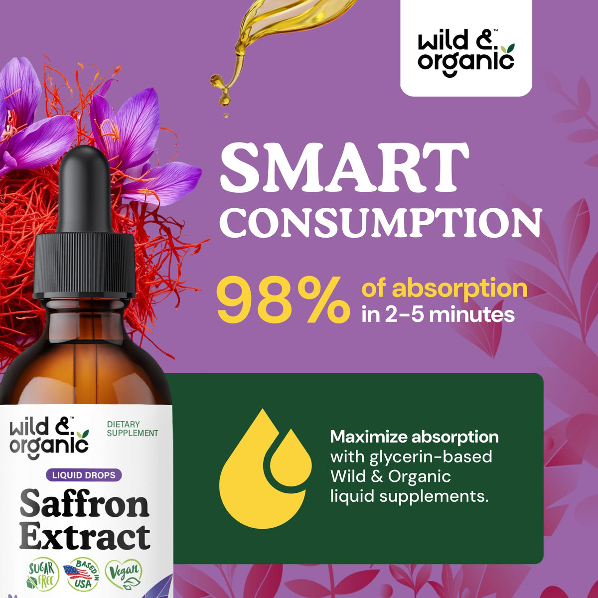 Wild & Organic Saffron Supplements 88.5 mg - Mood, Brain & Vision Support - Liquid Saffron Drops - Add to Tea - Crocus Sativus Herb Extract - Vegan, Sugar & Alcohol-Free Tincture - 2 fl oz - FENGGESTORE20