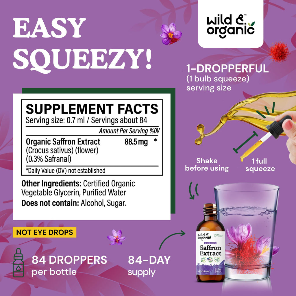 Wild & Organic Saffron Supplements 88.5 mg - Mood, Brain & Vision Support - Liquid Saffron Drops - Add to Tea - Crocus Sativus Herb Extract - Vegan, Sugar & Alcohol-Free Tincture - 2 fl oz - FENGGESTORE20