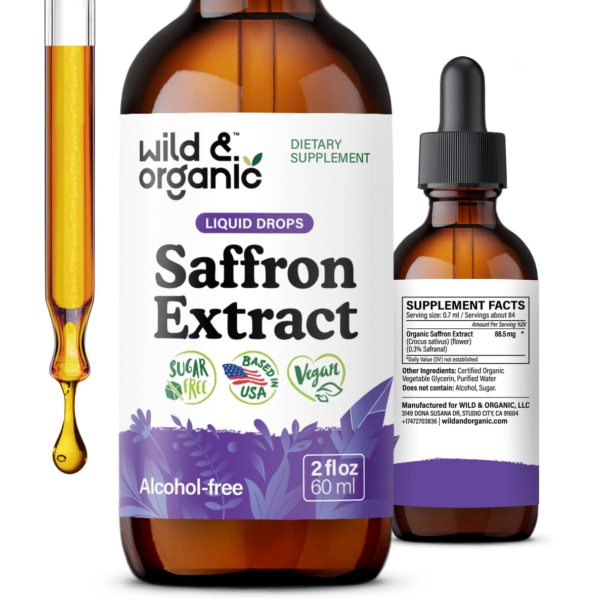 Wild & Organic Saffron Supplements 88.5 mg - Mood, Brain & Vision Support - Liquid Saffron Drops - Add to Tea - Crocus Sativus Herb Extract - Vegan, Sugar & Alcohol-Free Tincture - 2 fl oz - FENGGESTORE20