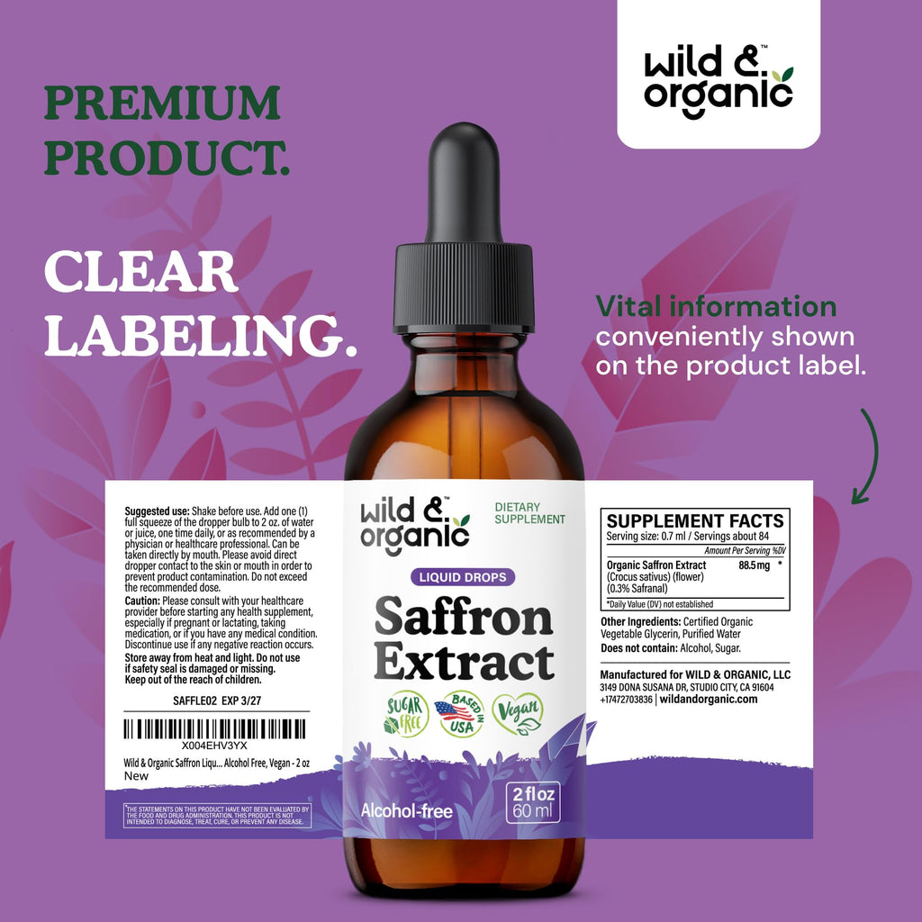 Wild & Organic Saffron Supplements 88.5 mg - Mood, Brain & Vision Support - Liquid Saffron Drops - Add to Tea - Crocus Sativus Herb Extract - Vegan, Sugar & Alcohol-Free Tincture - 2 fl oz - FENGGESTORE20