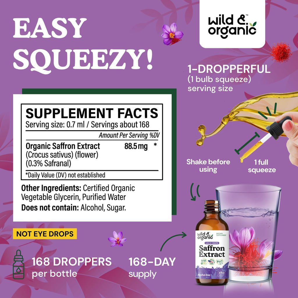 Wild & Organic Saffron Supplements 88.5 mg - Mood, Focus & Eye Support - Saffron Extract Liquid Drops - Add to Tea - 5-Month Supply - Crocus Sativus Herb - Vegan, Sugar & Alcohol-Free Tincture - 4 oz - FENGGESTORE20
