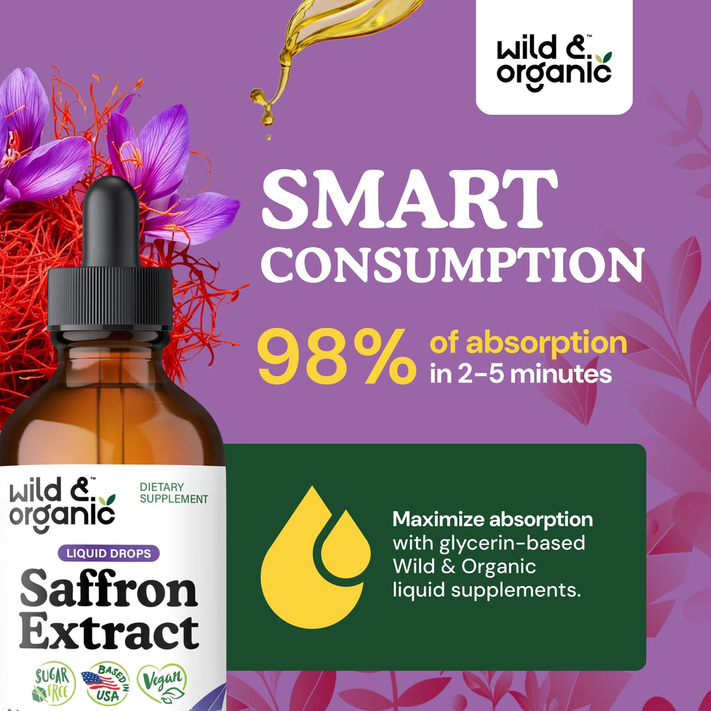 Wild & Organic Saffron Supplements 88.5 mg - Mood, Focus & Eye Support - Saffron Extract Liquid Drops - Add to Tea - 5-Month Supply - Crocus Sativus Herb - Vegan, Sugar & Alcohol-Free Tincture - 4 oz - FENGGESTORE20
