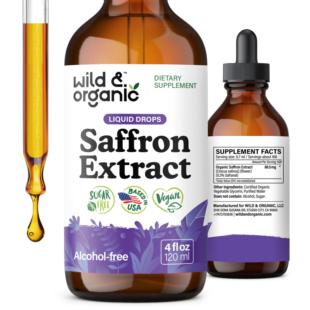 Wild & Organic Saffron Supplements 88.5 mg - Mood, Focus & Eye Support - Saffron Extract Liquid Drops - Add to Tea - 5-Month Supply - Crocus Sativus Herb - Vegan, Sugar & Alcohol-Free Tincture - 4 oz - FENGGESTORE20