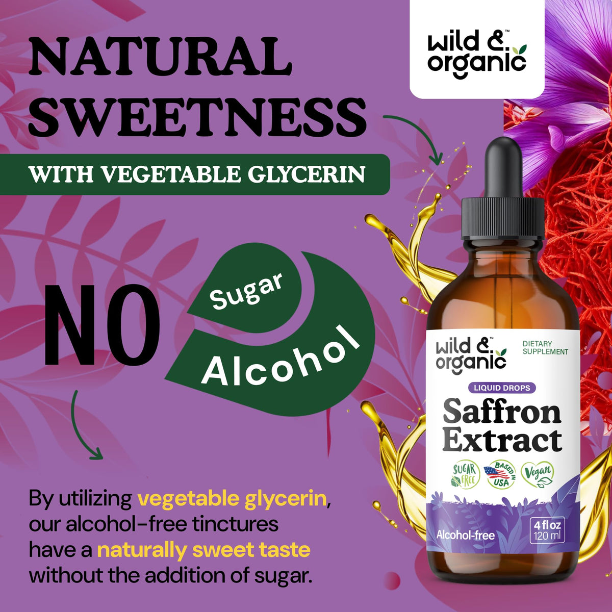 Wild & Organic Saffron Supplements 88.5 mg - Mood, Focus & Eye Support - Saffron Extract Liquid Drops - Add to Tea - 5-Month Supply - Crocus Sativus Herb - Vegan, Sugar & Alcohol-Free Tincture - 4 oz - FENGGESTORE20