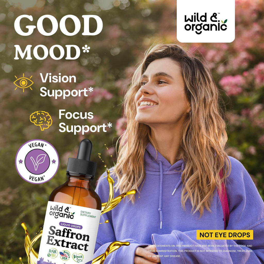 Wild & Organic Saffron Supplements 88.5 mg - Mood, Focus & Eye Support - Saffron Extract Liquid Drops - Add to Tea - 5-Month Supply - Crocus Sativus Herb - Vegan, Sugar & Alcohol-Free Tincture - 4 oz - FENGGESTORE20