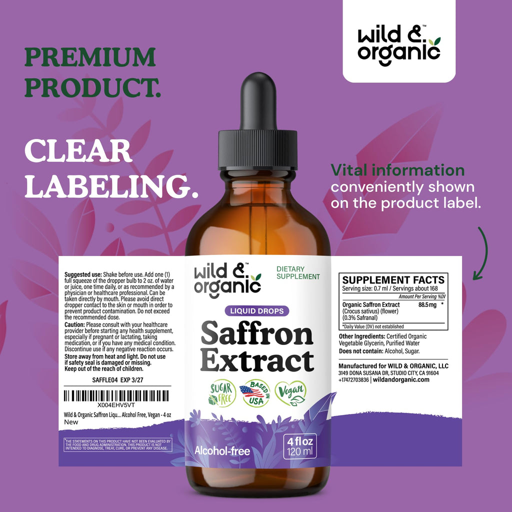 Wild & Organic Saffron Supplements 88.5 mg - Mood, Focus & Eye Support - Saffron Extract Liquid Drops - Add to Tea - 5-Month Supply - Crocus Sativus Herb - Vegan, Sugar & Alcohol-Free Tincture - 4 oz - FENGGESTORE20