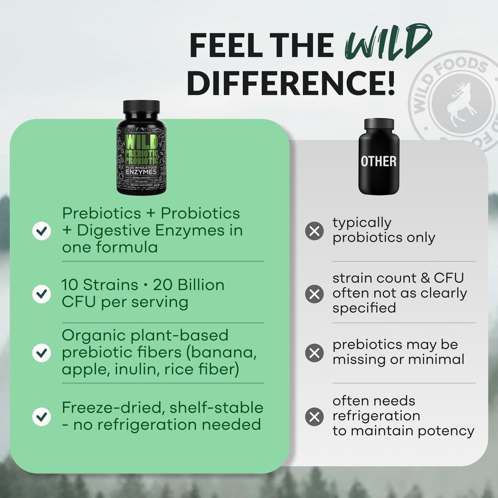 Wild Prebiotics and Probiotics with Digestive Enzymes | 20 Billion CFU - 10 Strains for Women & Men | Support Gut Health & Digestion Supplements | Non-GMO Prebiotic Fiber | 30 Capsules - FENGGESTORE20