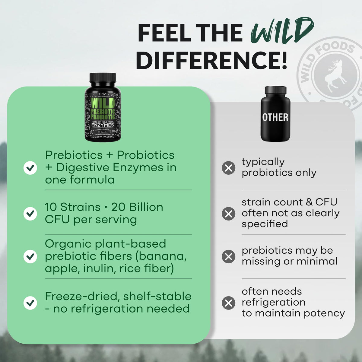 Wild Prebiotics and Probiotics with Digestive Enzymes | 20 Billion CFU - 10 Strains for Women & Men | Support Gut Health & Digestion Supplements | Non-GMO Prebiotic Fiber | 30 Capsules - FENGGESTORE20