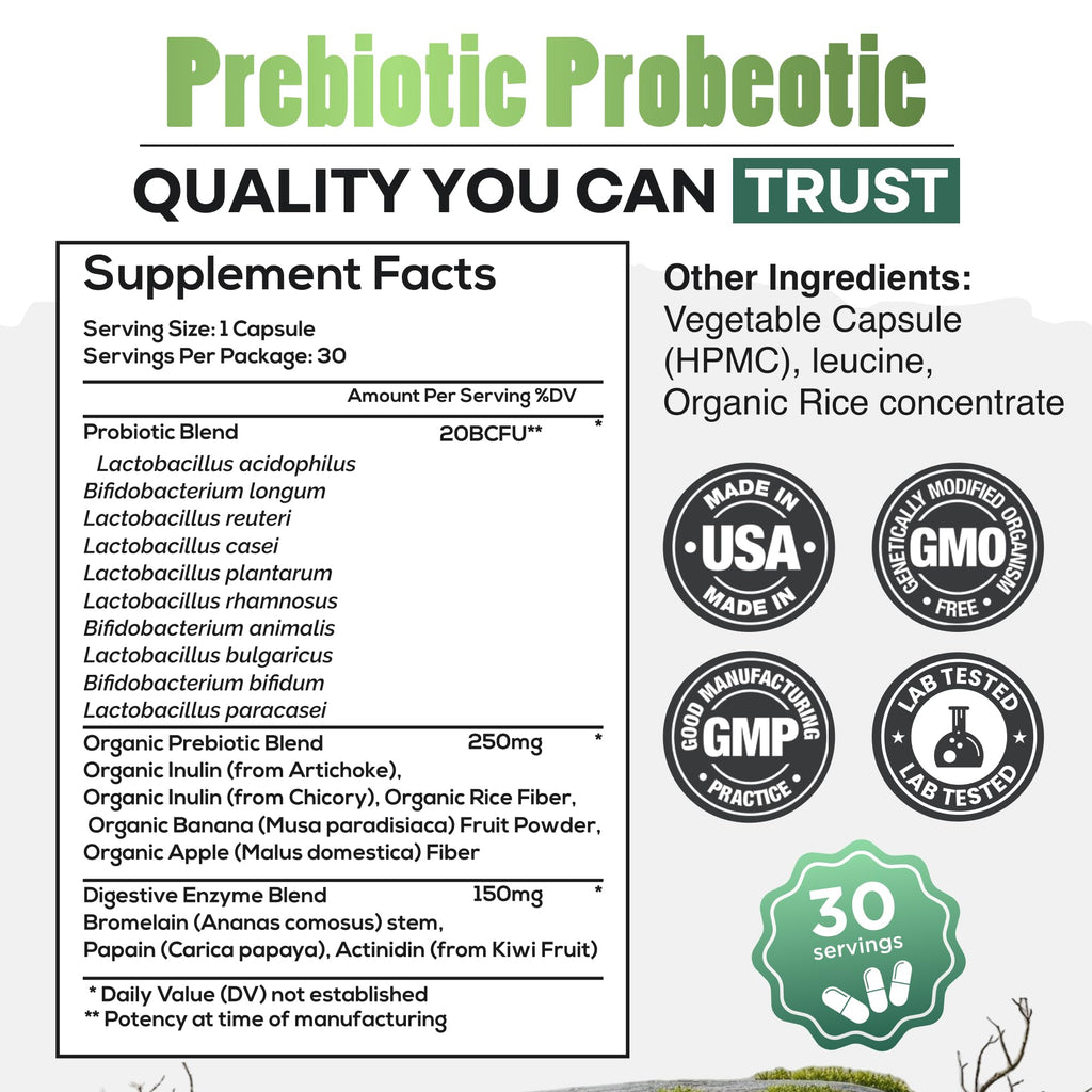 Wild Prebiotics and Probiotics with Digestive Enzymes | 20 Billion CFU - 10 Strains for Women & Men | Support Gut Health & Digestion Supplements | Non-GMO Prebiotic Fiber | 30 Capsules - FENGGESTORE20