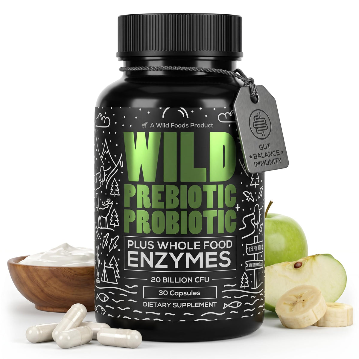 Wild Prebiotics and Probiotics with Digestive Enzymes | 20 Billion CFU - 10 Strains for Women & Men | Support Gut Health & Digestion Supplements | Non-GMO Prebiotic Fiber | 30 Capsules - FENGGESTORE20