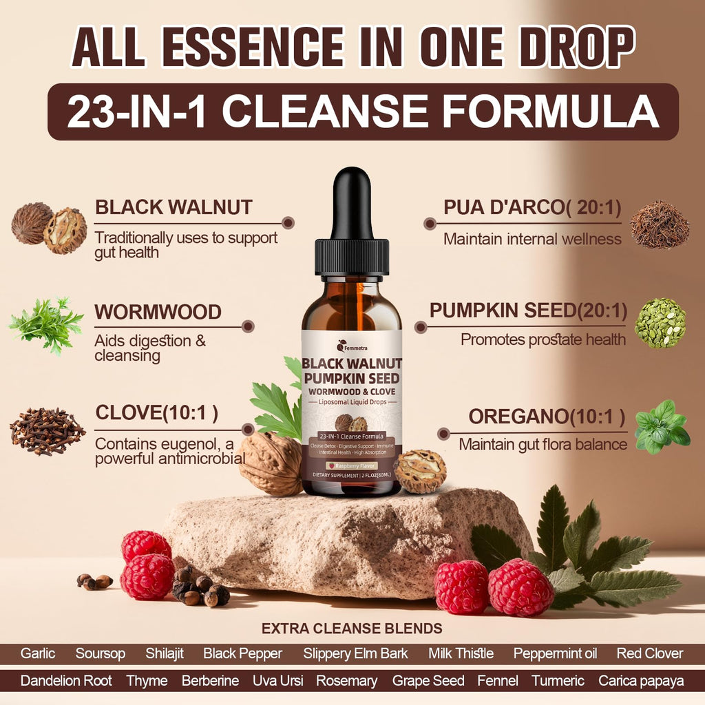Wormwood Black Walnut Clove Cleanse for Humans Drops, 23-in-1 Gut Health Support Supplement with Pumpkin Seed, Oil of Oregano etc for Detox - FENGGESTORE20